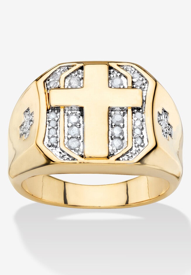 Men'S Yellow Gold-Plated Round Genuine Diamond Cross Ring (1/5 Cttw), GOLD, hi-res image number 0