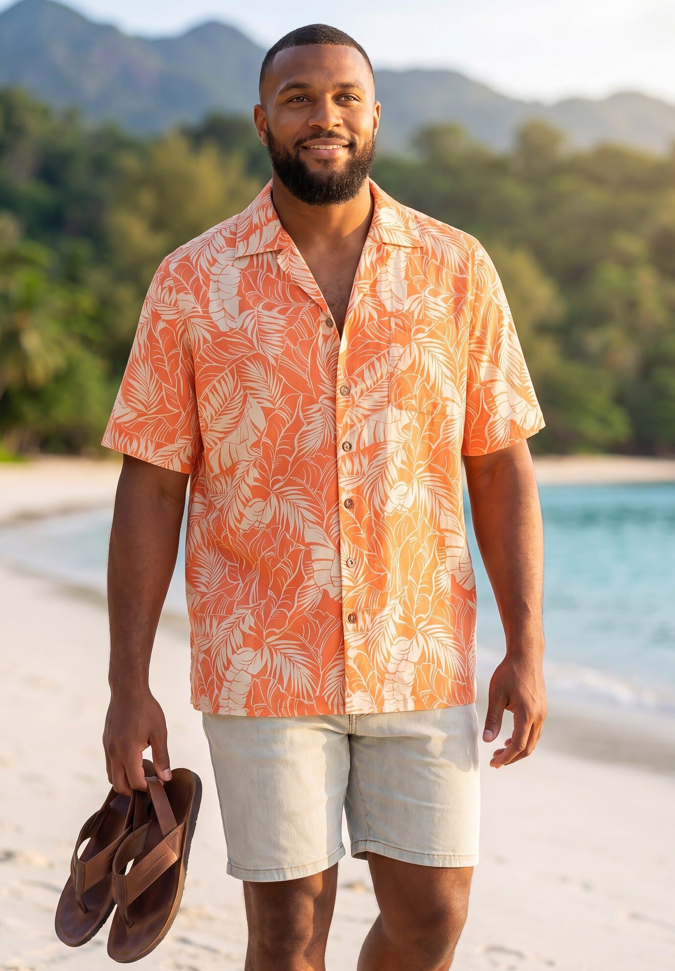 100% Cotton Hawaiian Shirt, ORANGE LEAF, hi-res image number 0