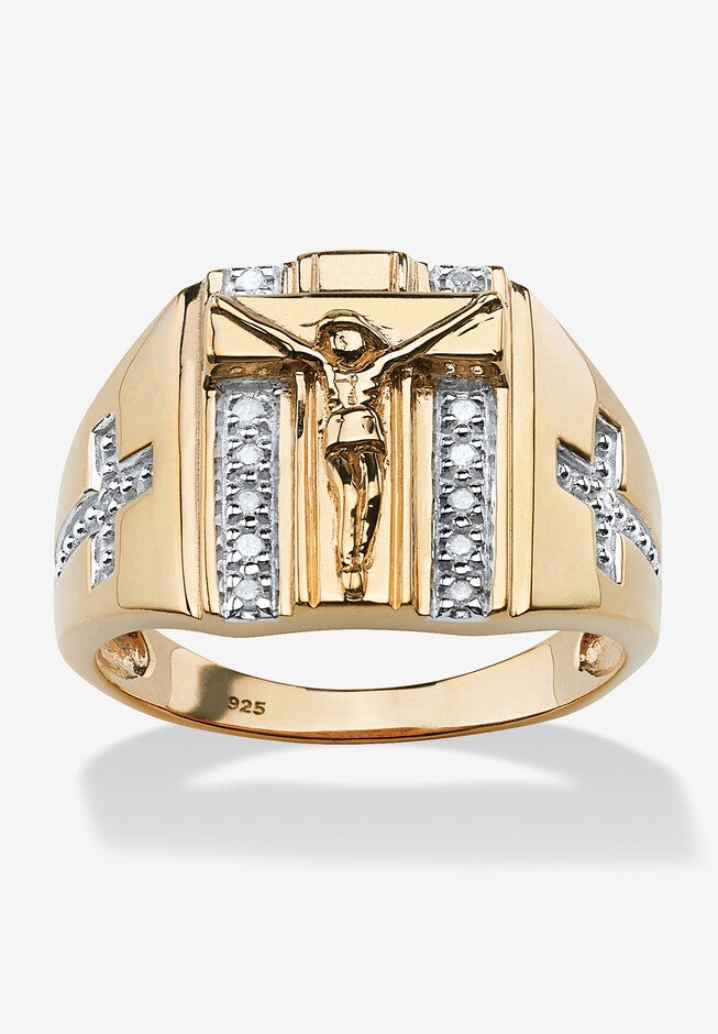 18K Gold over Sterling Silver Genuine Diamond Crucifix Ring, GOLD, hi-res image number null
