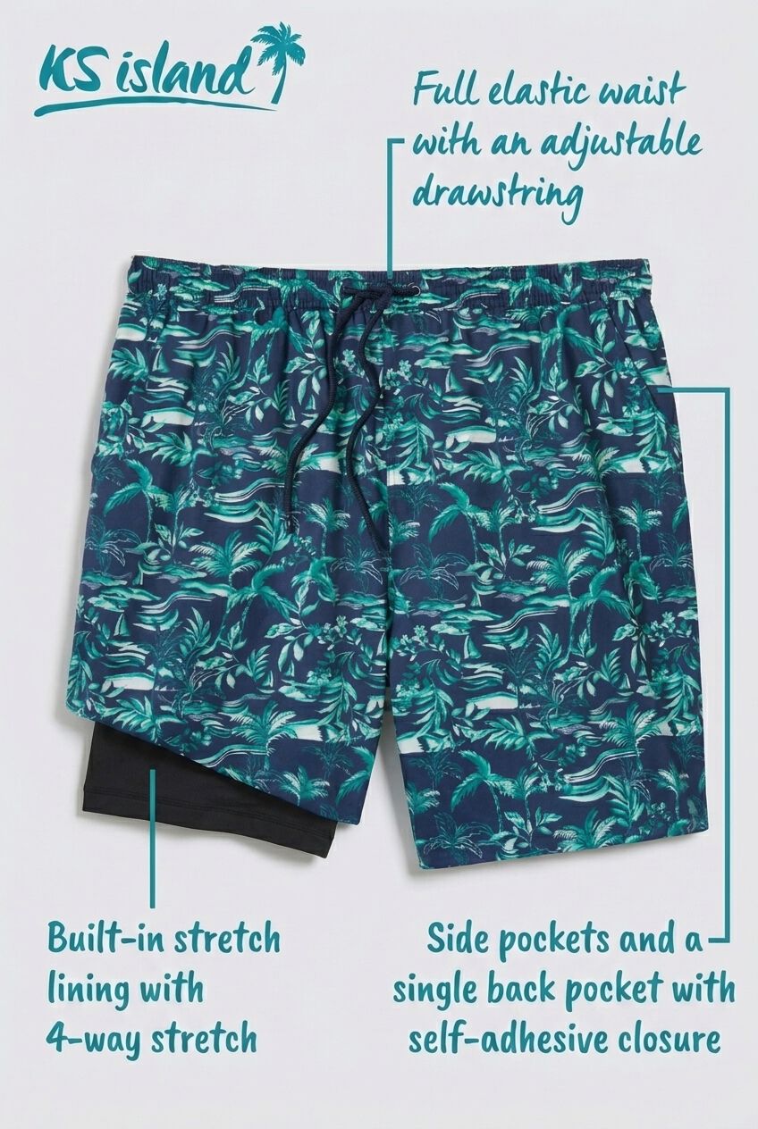 8 inches Swim Trunks with Super Stretch Liner, NAVY PALMS, alternate image number 5