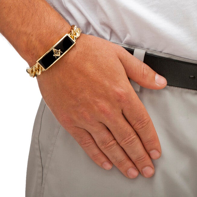 Men's Genuine Onyx Masonic Gold-Plated Insignia Curb-Link Bracelet 8 inches, BLACK, alternate image number 2