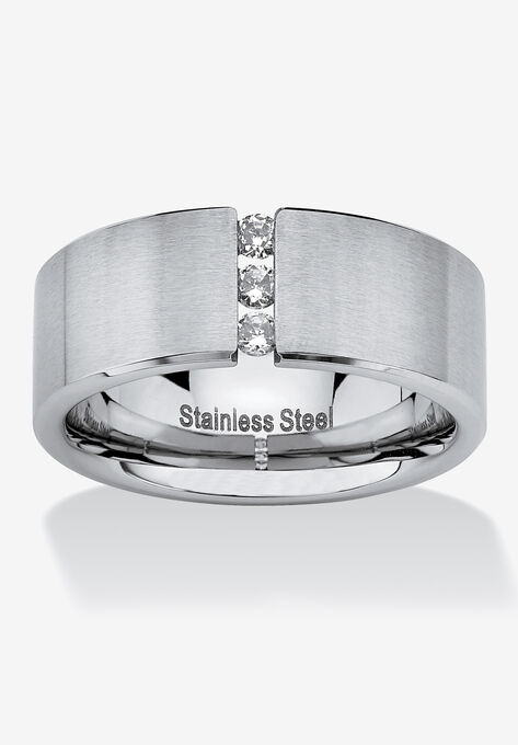 Stainless Steel Cubic Zirconia Brushed Wedding Band Ring, STAINLESS STEEL, hi-res image number null