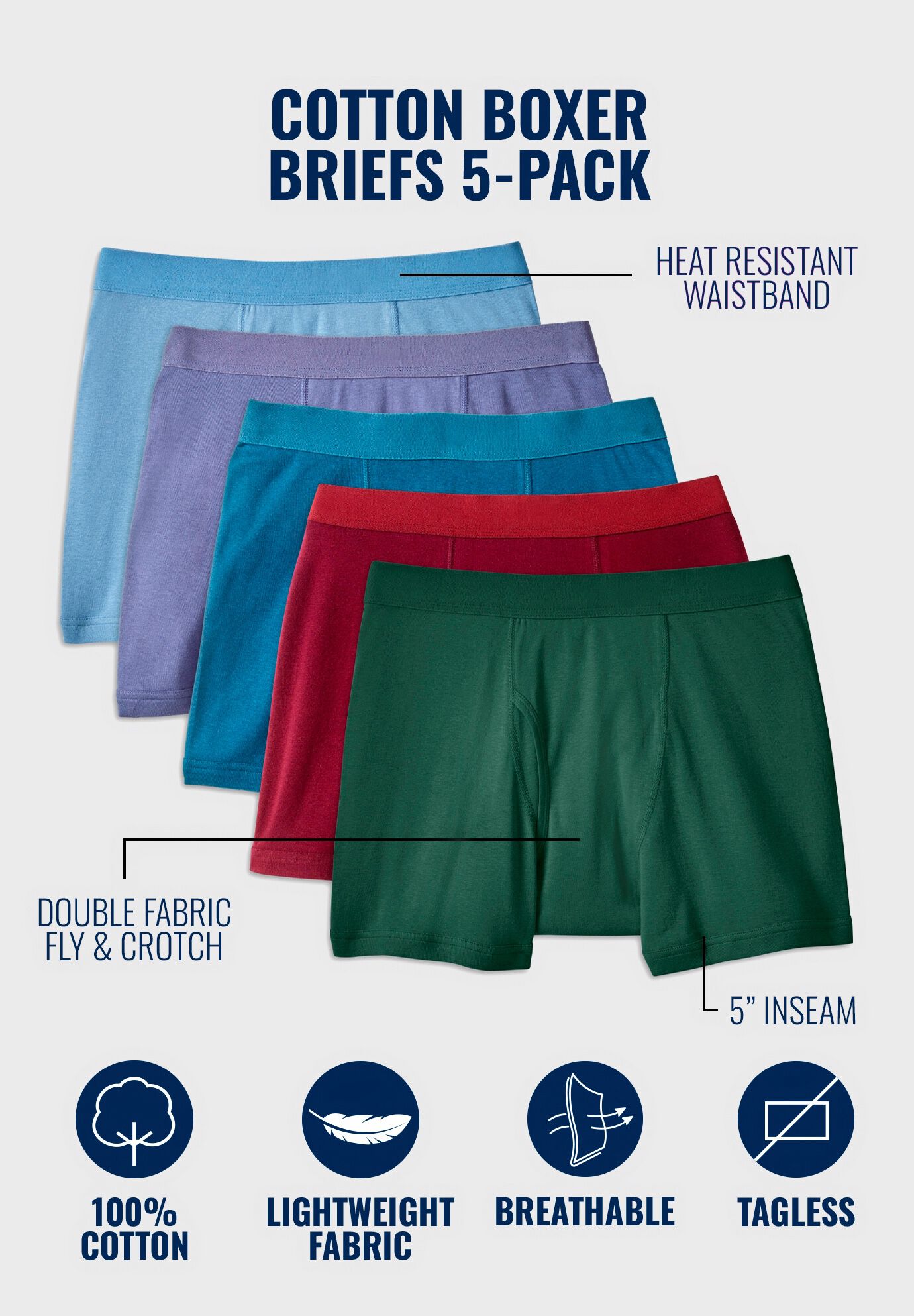Cotton Boxer Briefs 5-Pack, ASSORTED BASIC, on-hover image number 1