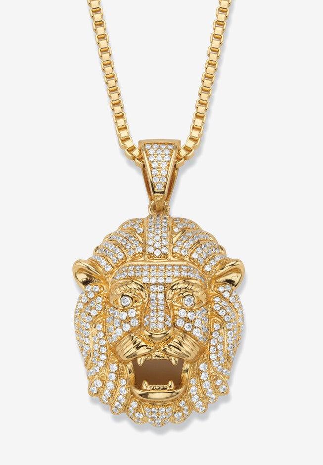 Gold-Plated Lion Head Pendant with Cubic Zirconia accents with 22 inches Chain, CUBIC ZIRCONIA GOLD, hi-res image number null