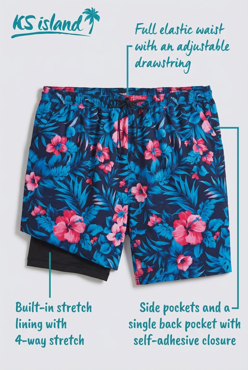8 inches Swim Trunks with Super Stretch Liner, BLUE EXOTIC FLORAL, on-hover image number 1