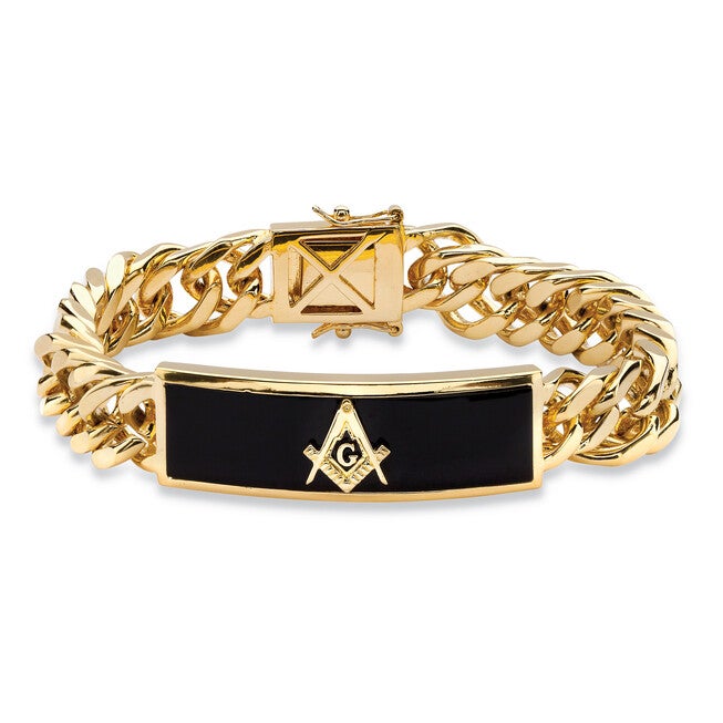 Men's Genuine Onyx Masonic Gold-Plated Insignia Curb-Link Bracelet 8 inches, BLACK, hi-res image number 0