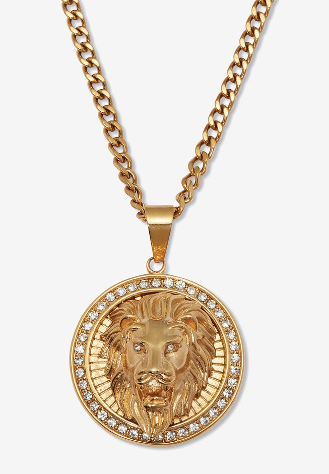 Round Crystal Goldtone Lion'S Head Necklace 26-Inch, GOLD, hi-res image number null