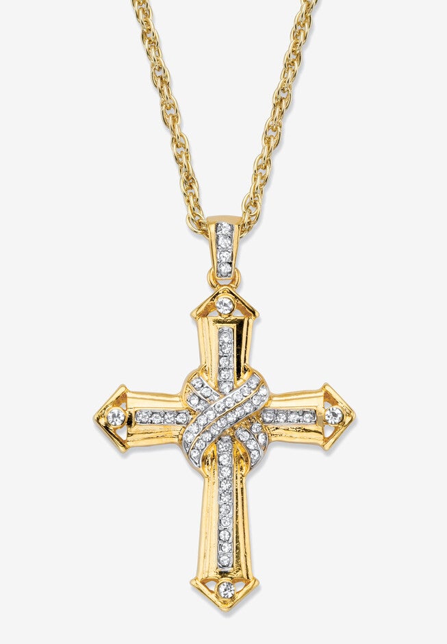 Men'S Gold Tone Cross Pendant With 24 inches Chain, (38Mm) Round Crystal, GOLD, hi-res image number null