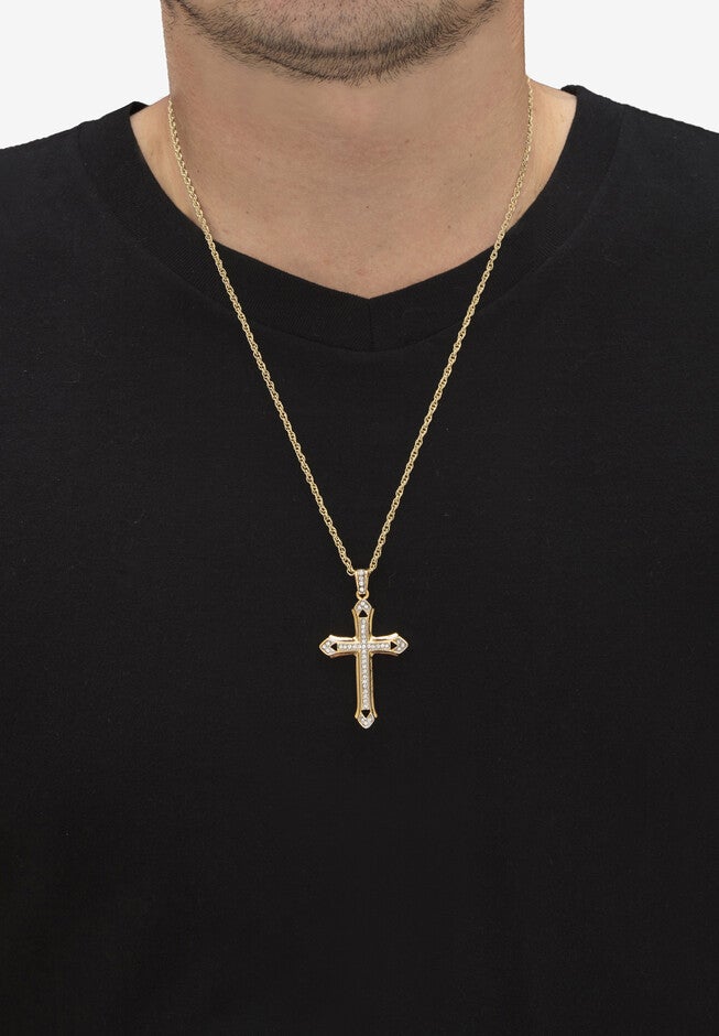 Men'S Gold Tone Cross Pendant With 24 inches Chain, (32Mm) Round Crystal, , alternate image number null