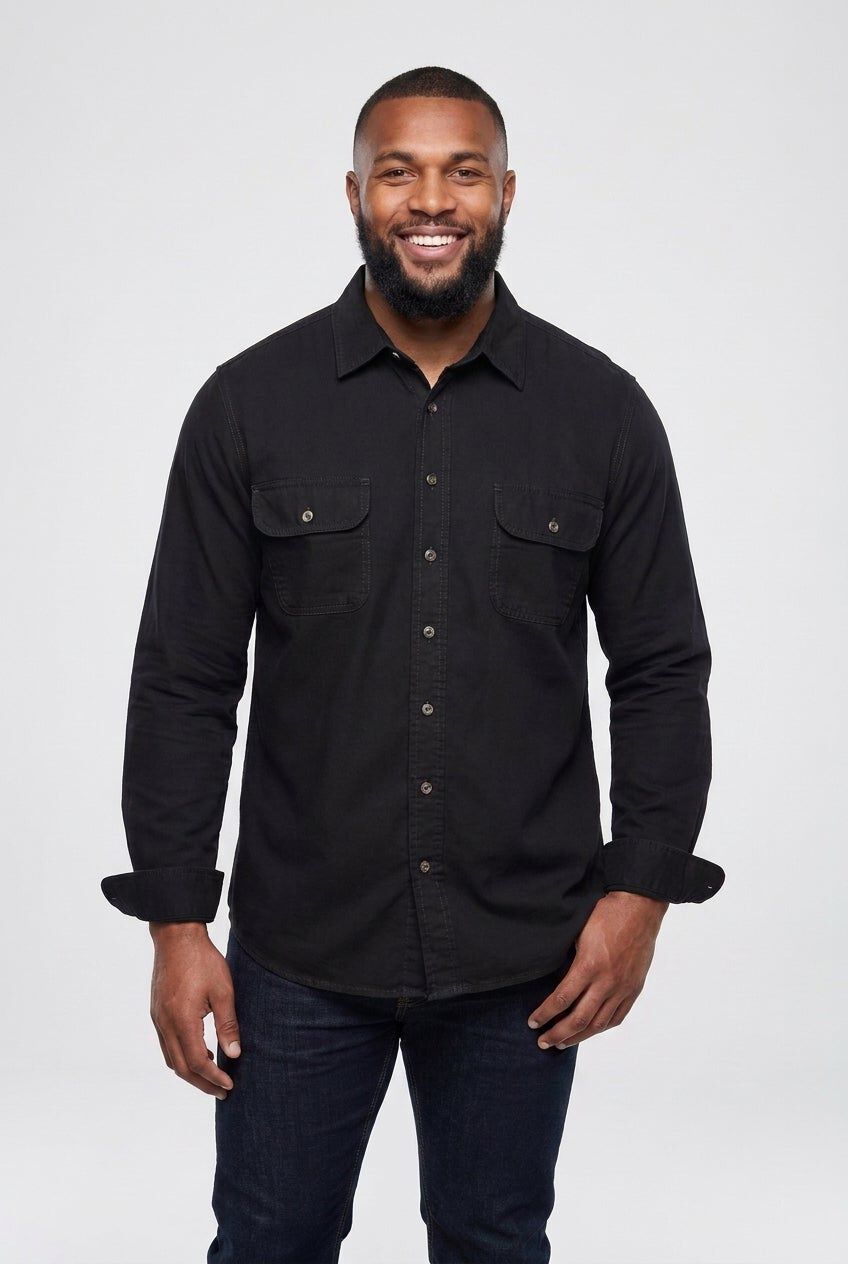Long Sleeve Denim and Twill Shirt, BLACK, hi-res image number 0