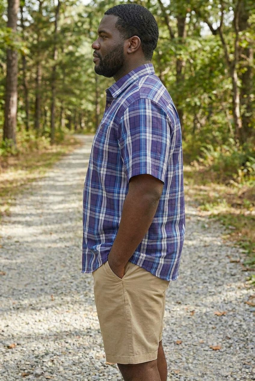 Plaid Wrinkle-Resistant Short Sleeve Button Down, DARK PURPLE PLAID, alternate image number 2