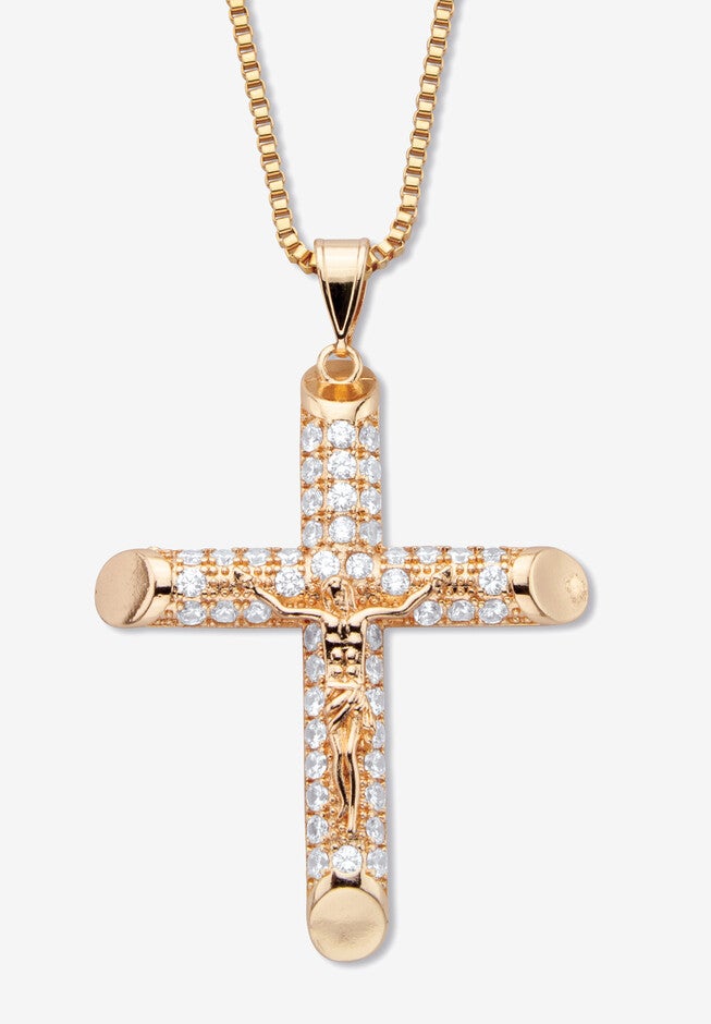 Men'S Goldtone Round Crystal Cross Pendant (45Mm) With 24 Inch Chain, GOLD, hi-res image number null