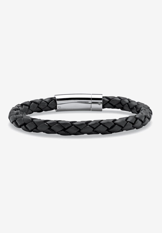 Stainless Steel and Twised Braid Leather Bracelet, STAINLESS STEEL, hi-res image number 0