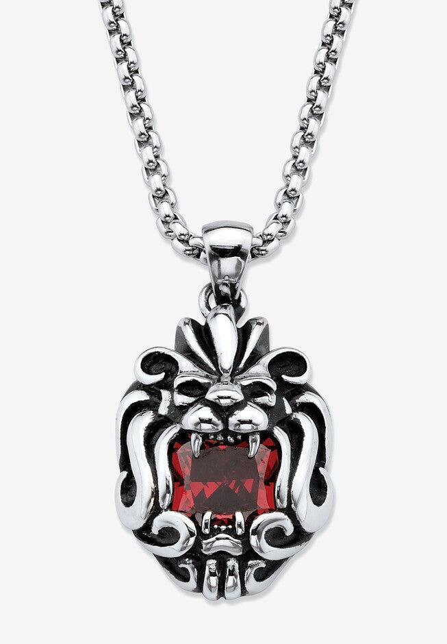 Square-Cut Red Cubic Zirconia Tribal Lion Pendant Necklace In Antiqued Stainless Steel 24 inches Chain, STAINLESS STEEL, hi-res image number null