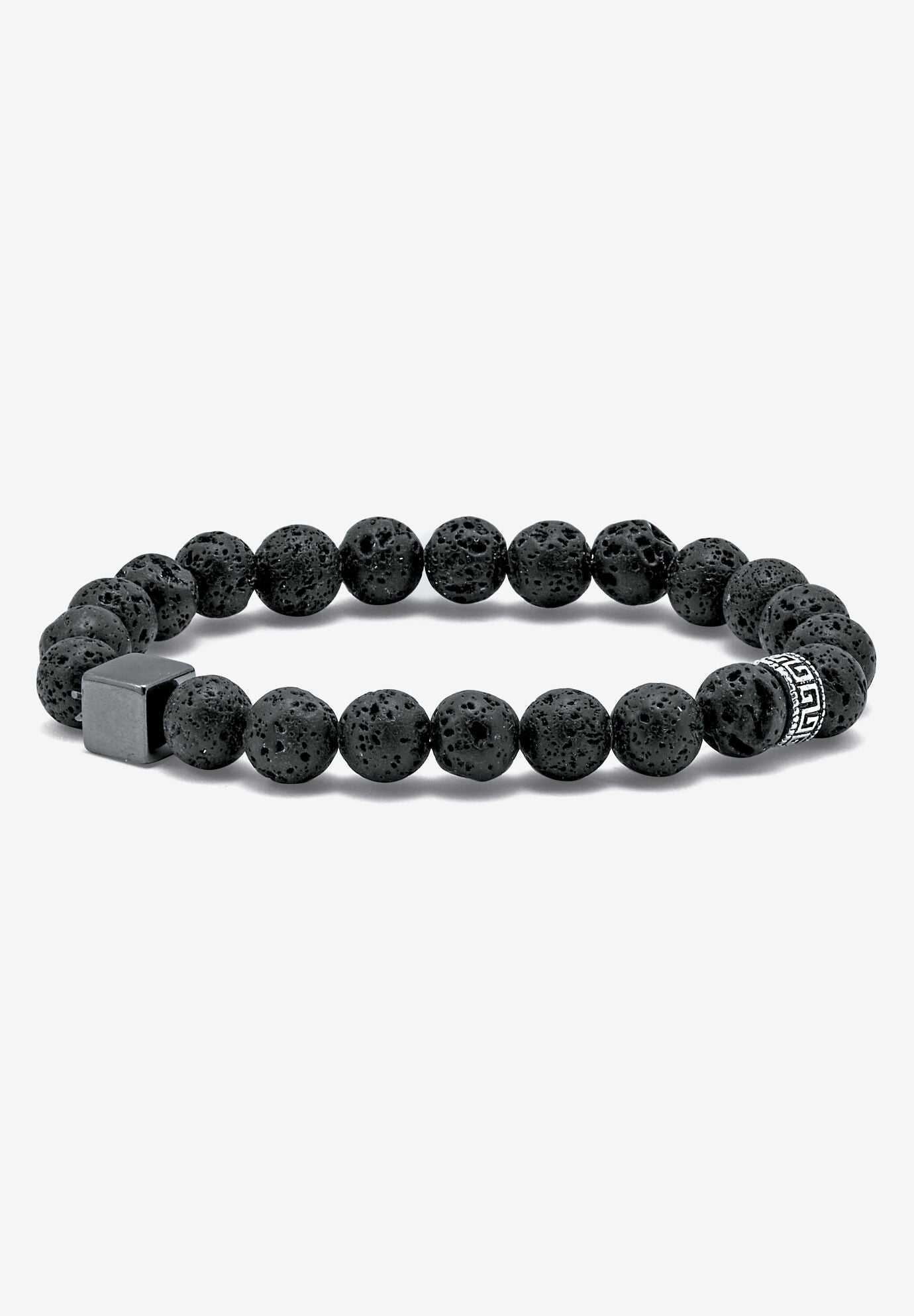 Men'S Round Black Lava And Hematite Silvertone Stretch Bracelet 9-Inch Length, BLACK, hi-res image number 0