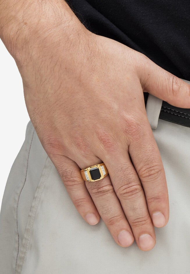 Men's 18K Yellow Gold-plated Genuine Diamond and Black Onyx Ring, , alternate image number 2