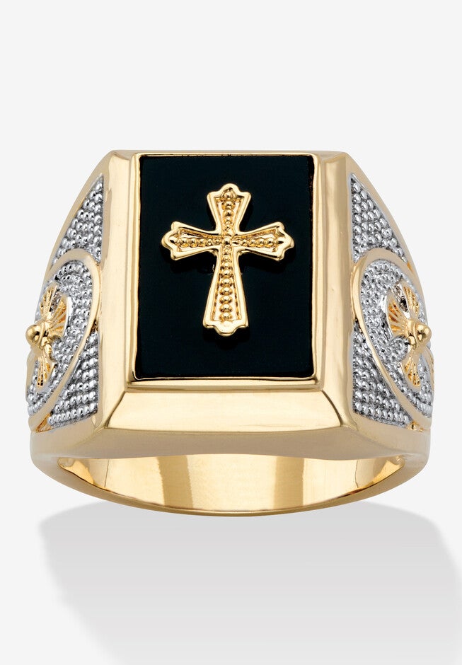 Men'S Yellow Gold-Plated Natural Black Onyx Textured Cross Ring, GOLD, hi-res image number null