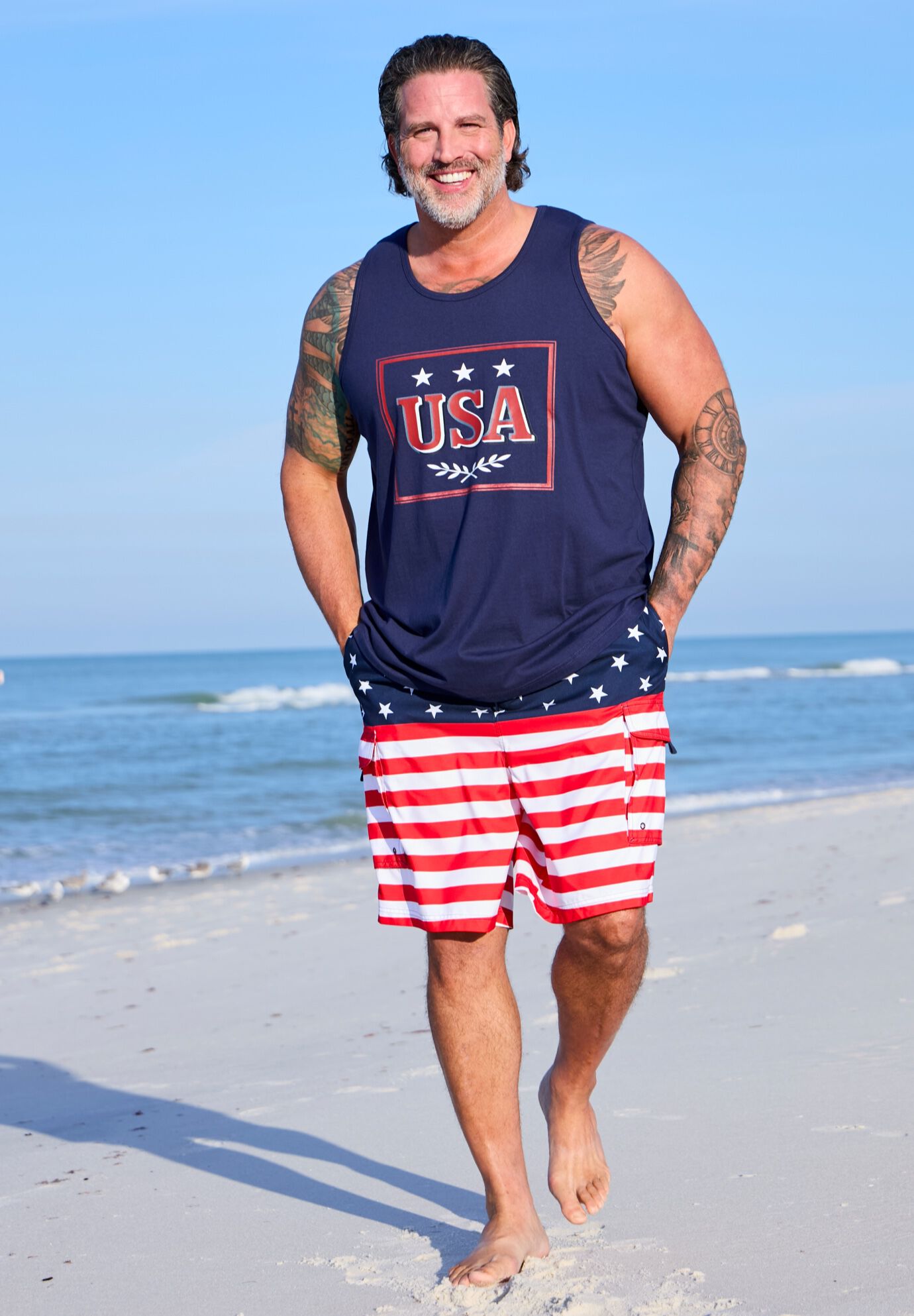 8 inches Printed Cargo Swim Trunks, STARS AND STRIPES, alternate image number 2