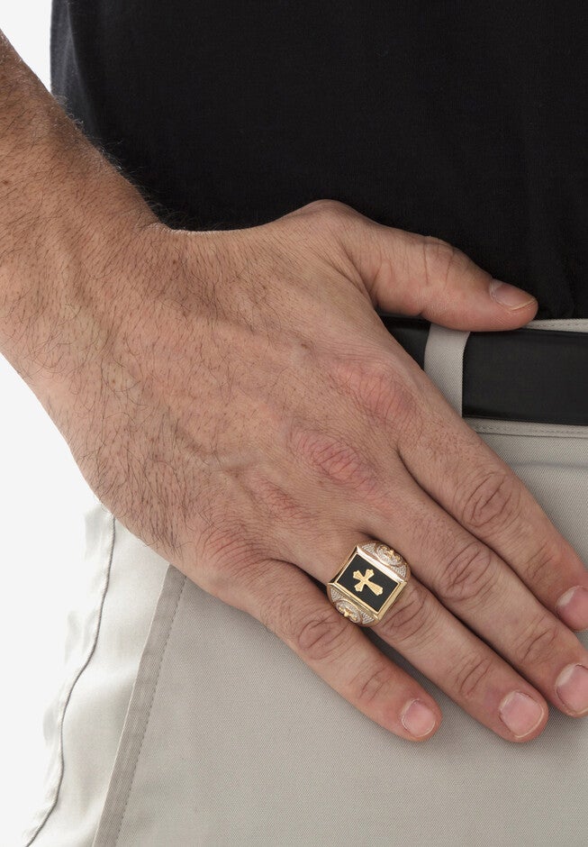 Men'S Yellow Gold-Plated Natural Black Onyx Textured Cross Ring, , alternate image number null