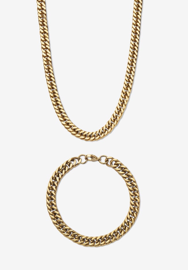 Men'S 2 Piece Curb-Link Gold Ion-Plated Stainless Steel Set (8Mm) 24 inches & 9 inches Lengths, GOLD, hi-res image number 0