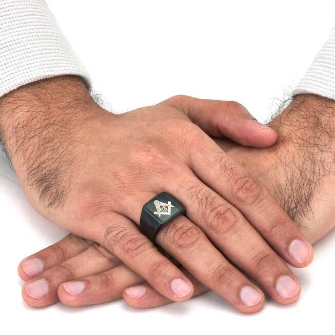Men's Black Stainless Steel Masonic Ring, BLACK, alternate image number null