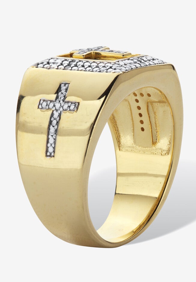 Men'S Gold Over Sterling Silver Diamond Accent Cross Ring (1/10 Cttw), , on-hover image number 1