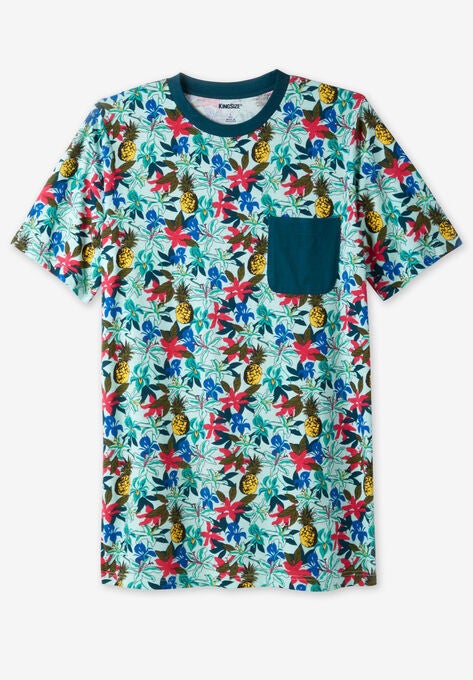 Shrink-Less™ Lightweight Longer-Length Crewneck Pocket T-Shirt, PINEAPPLE FLORAL, hi-res image number null