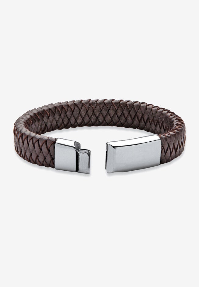 Men'S Stainless Steel Braided Leather Cuff Bracelet (13Mm), Leather 9 Inches, , on-hover image number null