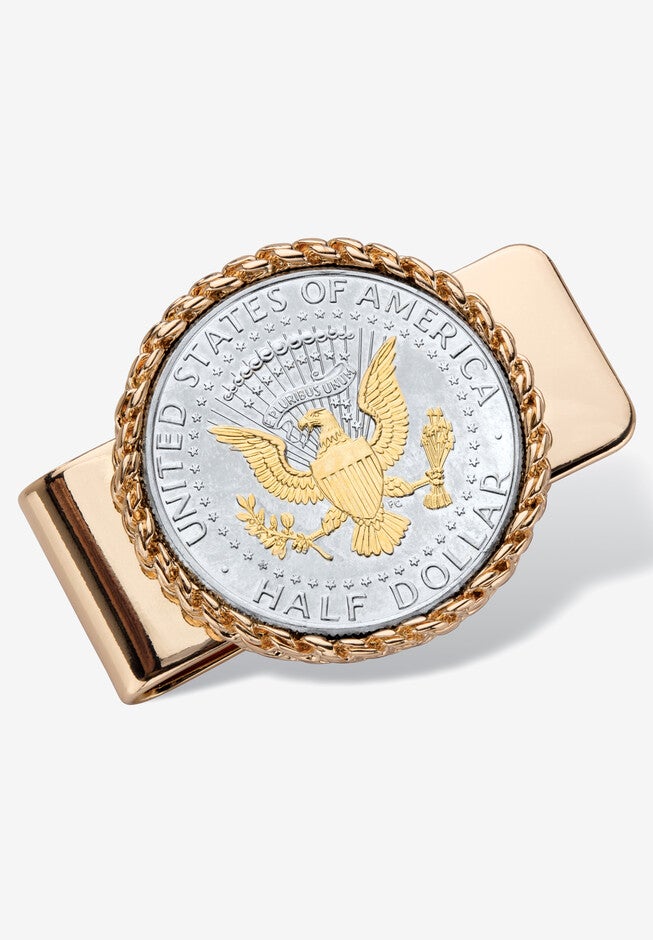 Goldtone Money Clip Round with Genuine Silver Coin, GOLD, hi-res image number 0