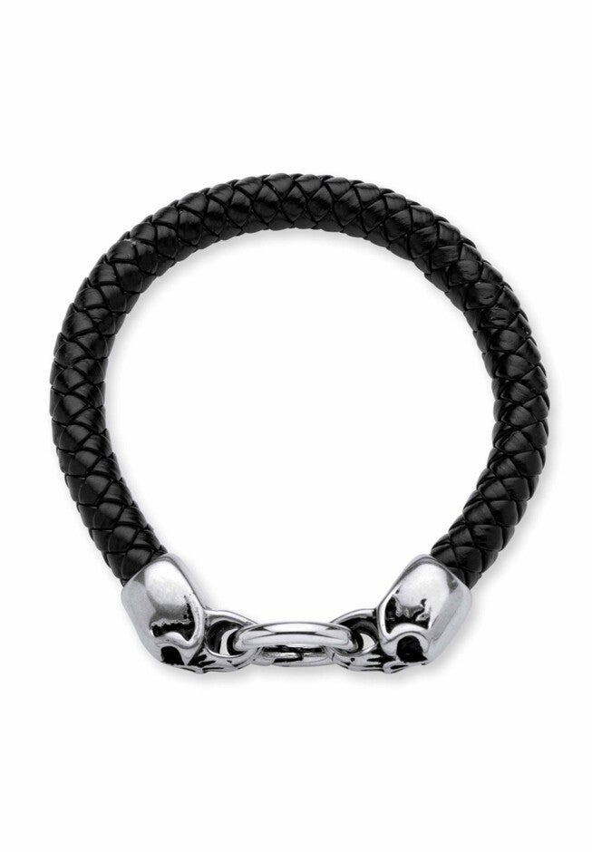 Stainless Steel Double Skull Bangle Bracelet 9 inches, , on-hover image number 1