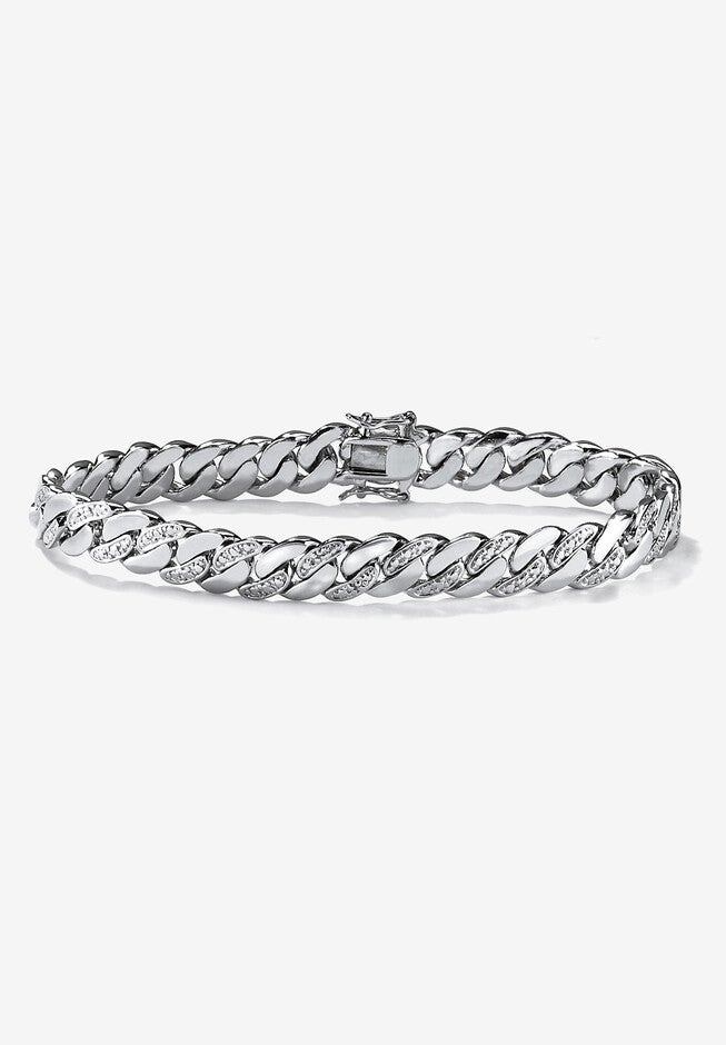 Men'S Platinum Plated Curb Link Bracelet (9Mm), Genuine Diamond Accent 9.5 inches, WHITE, hi-res image number null