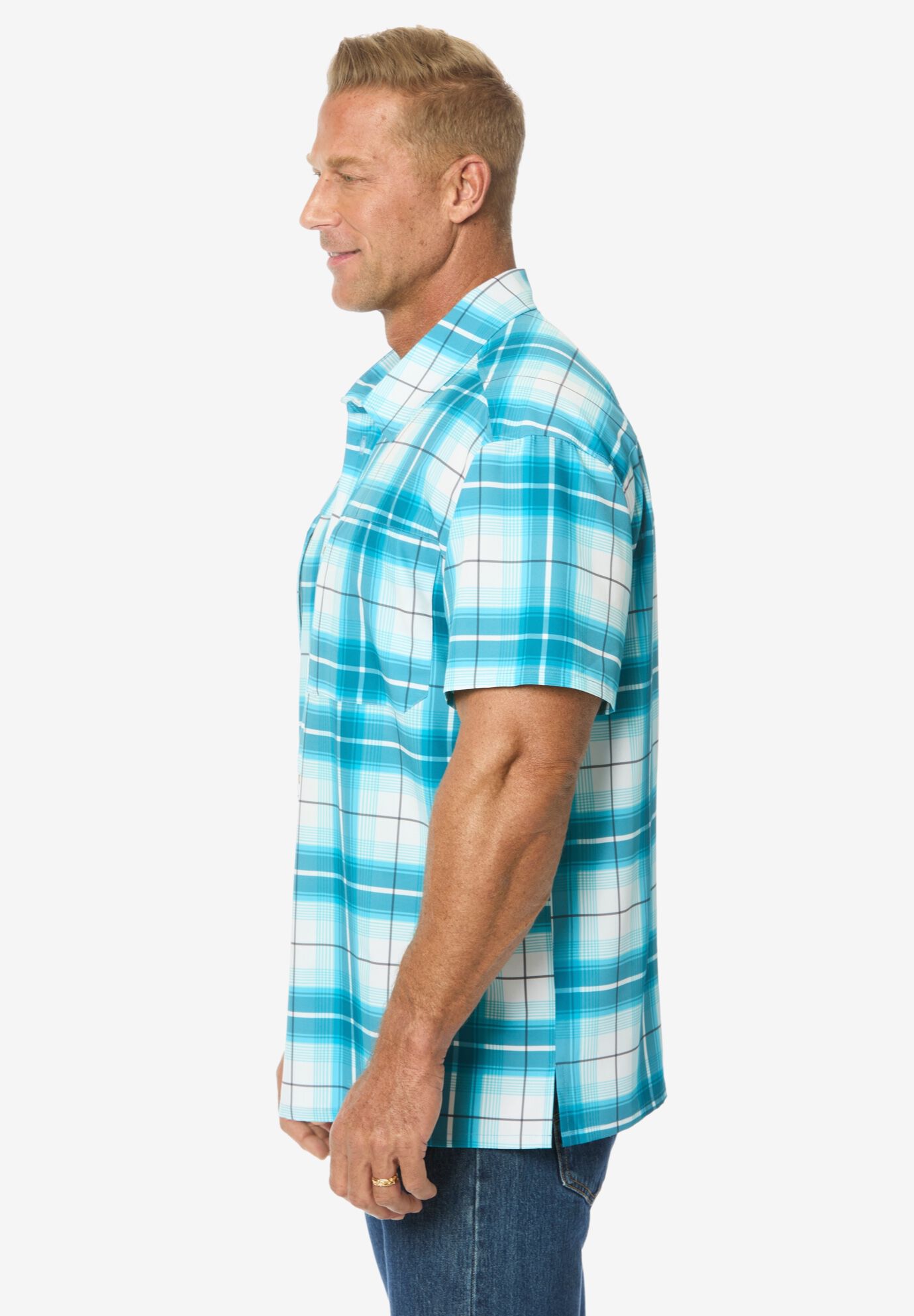Double Pocket Short Sleeve Performance Shirt, TEAL PLAID, alternate image number 2
