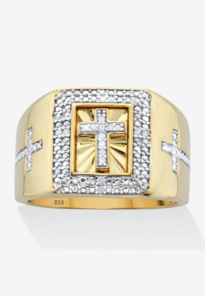 Men'S Gold Over Sterling Silver Diamond Accent Cross Ring (1/10 Cttw), GOLD, hi-res image number 0