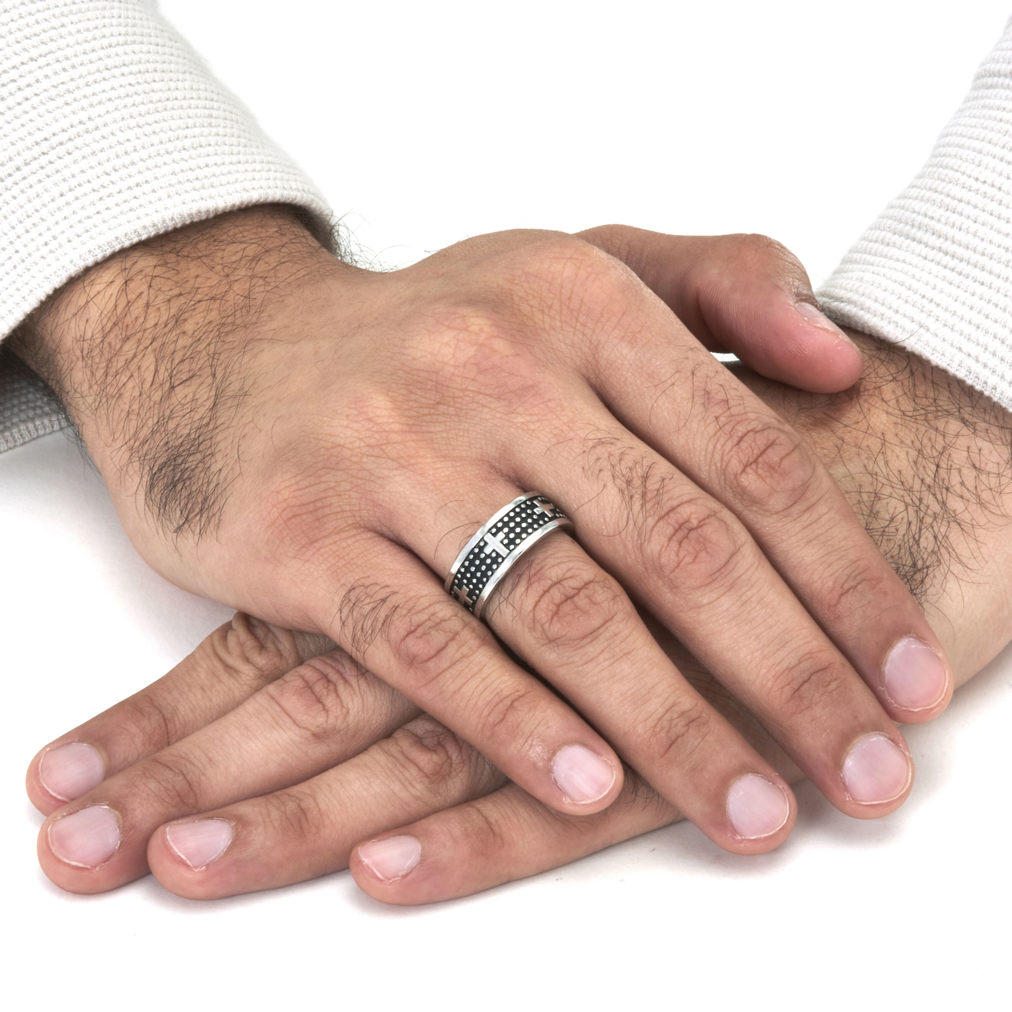 Men's Antiqued Stainless Steel Cross Ring, SILVER, alternate image number 2