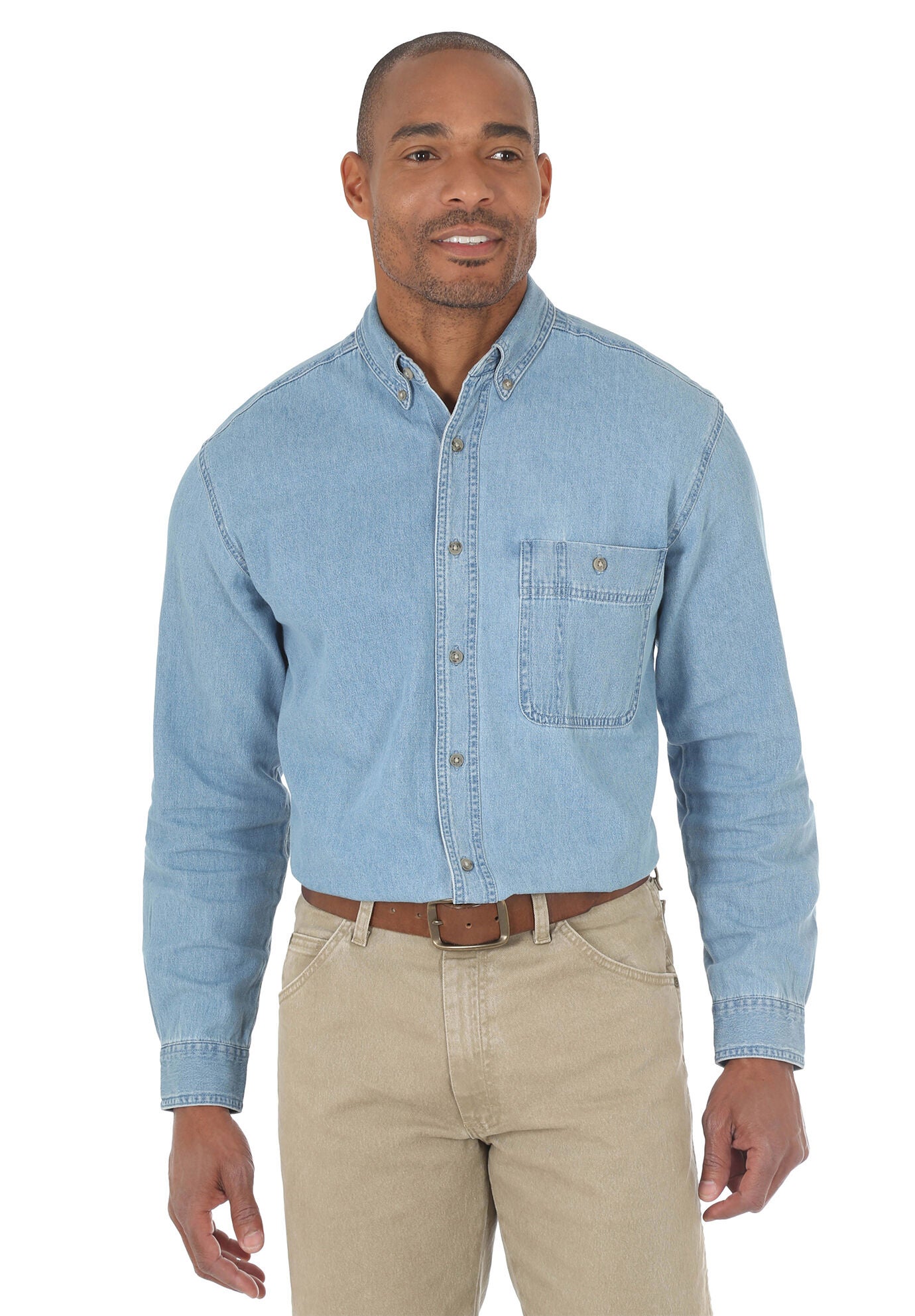 Wrangler Rugged Wear Basic Denim Shirt, STONEWASH, hi-res image number 0
