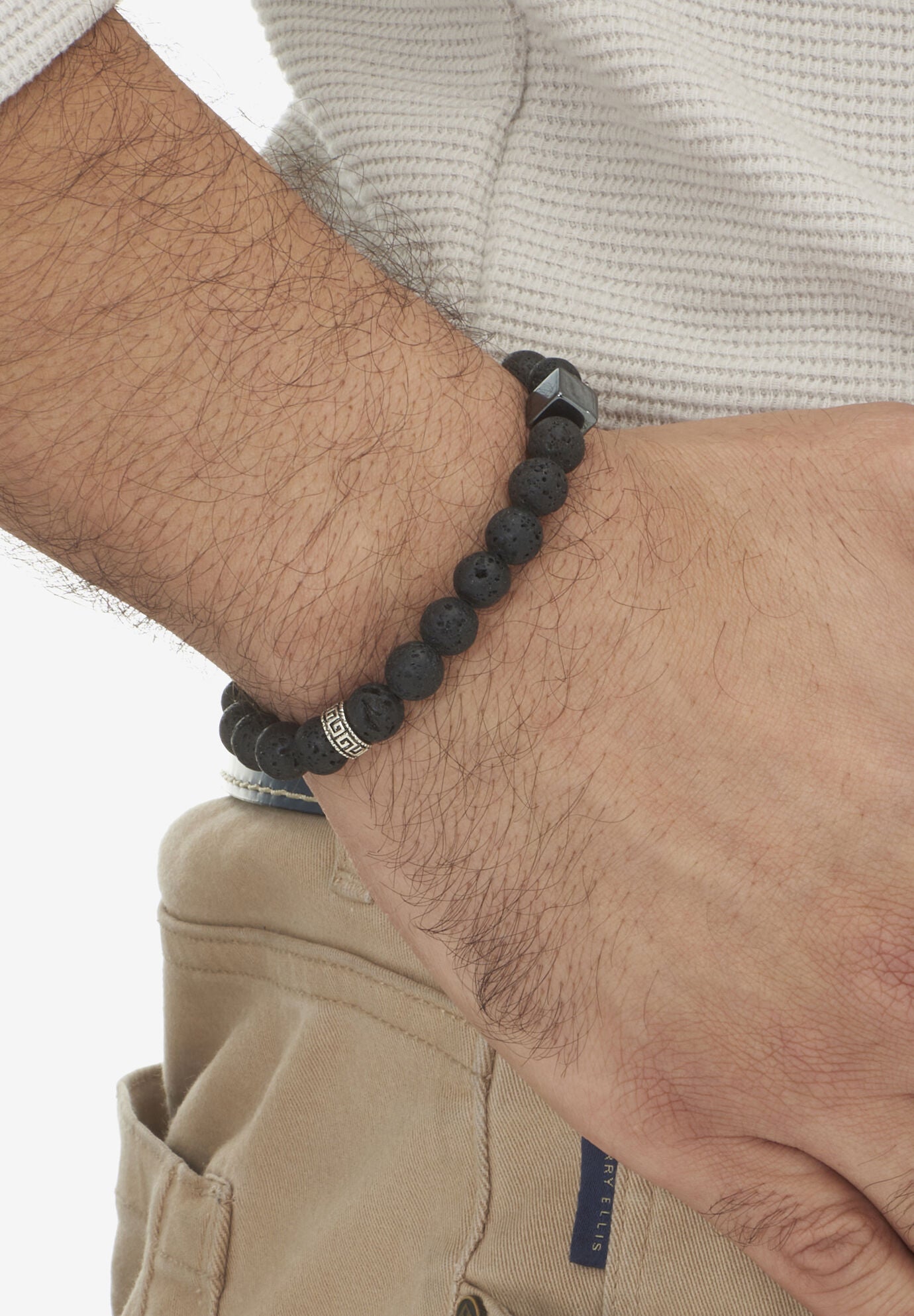 Men'S Round Black Lava And Hematite Silvertone Stretch Bracelet 9-Inch Length, , alternate image number 2