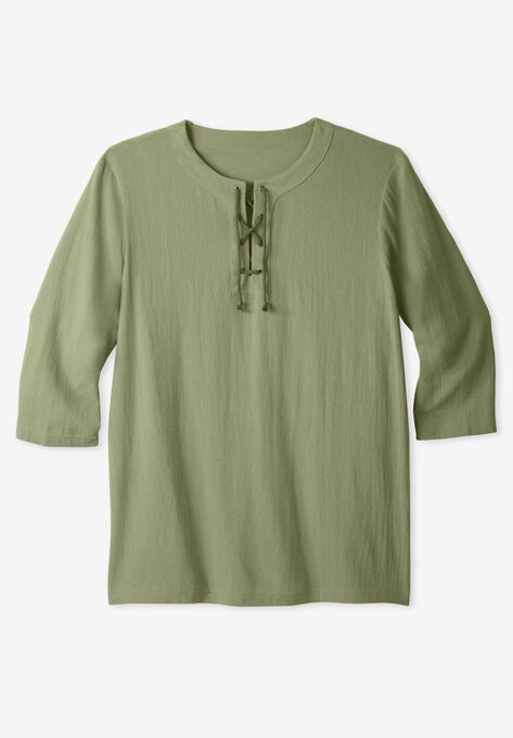 Gauze Lace-Up Shirt, SAGE GREEN, hi-res image number null