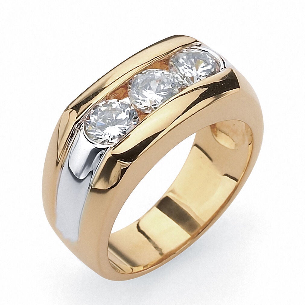 Men's 1.50 TCW Channel-Set CZ Gold-Plated Sterling Silver 3-Stone Ring, WHITE, alternate image number 4