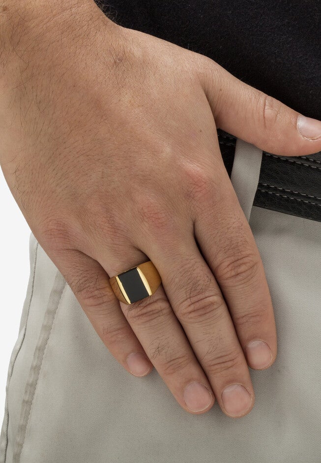 Men's Yellow Gold Plated Natural Black Onyx Ring, , alternate image number null