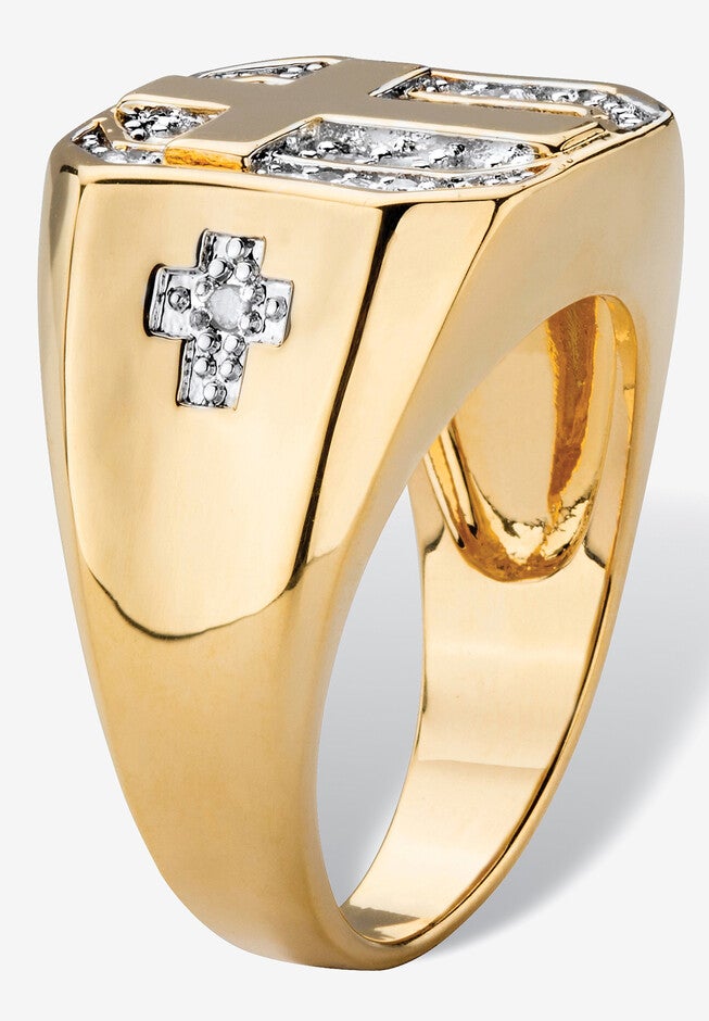 Men'S Yellow Gold-Plated Round Genuine Diamond Cross Ring (1/5 Cttw), , on-hover image number 1