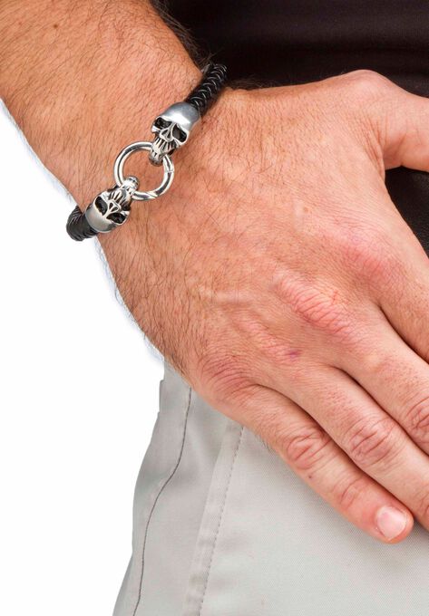 Stainless Steel Double Skull Bangle Bracelet 9", , alternate image number null
