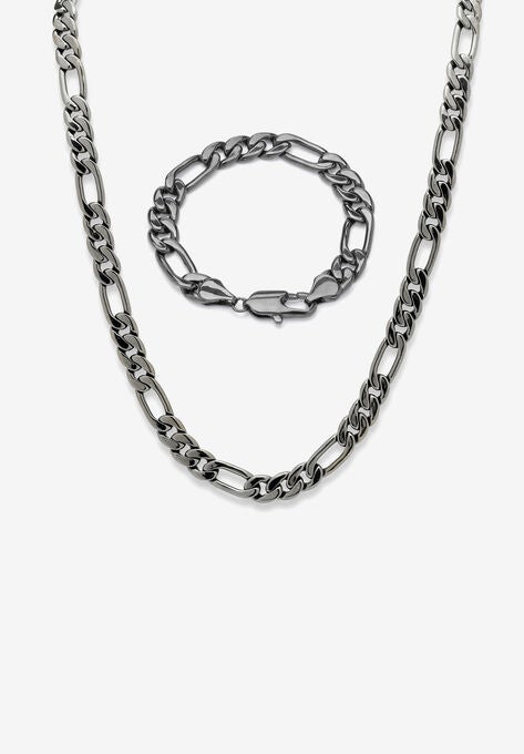 Men'S Black Ruthenium Plated Figaro Link Bracelet (10.5Mm), , 30 Inch Chain, BLACK, hi-res image number null