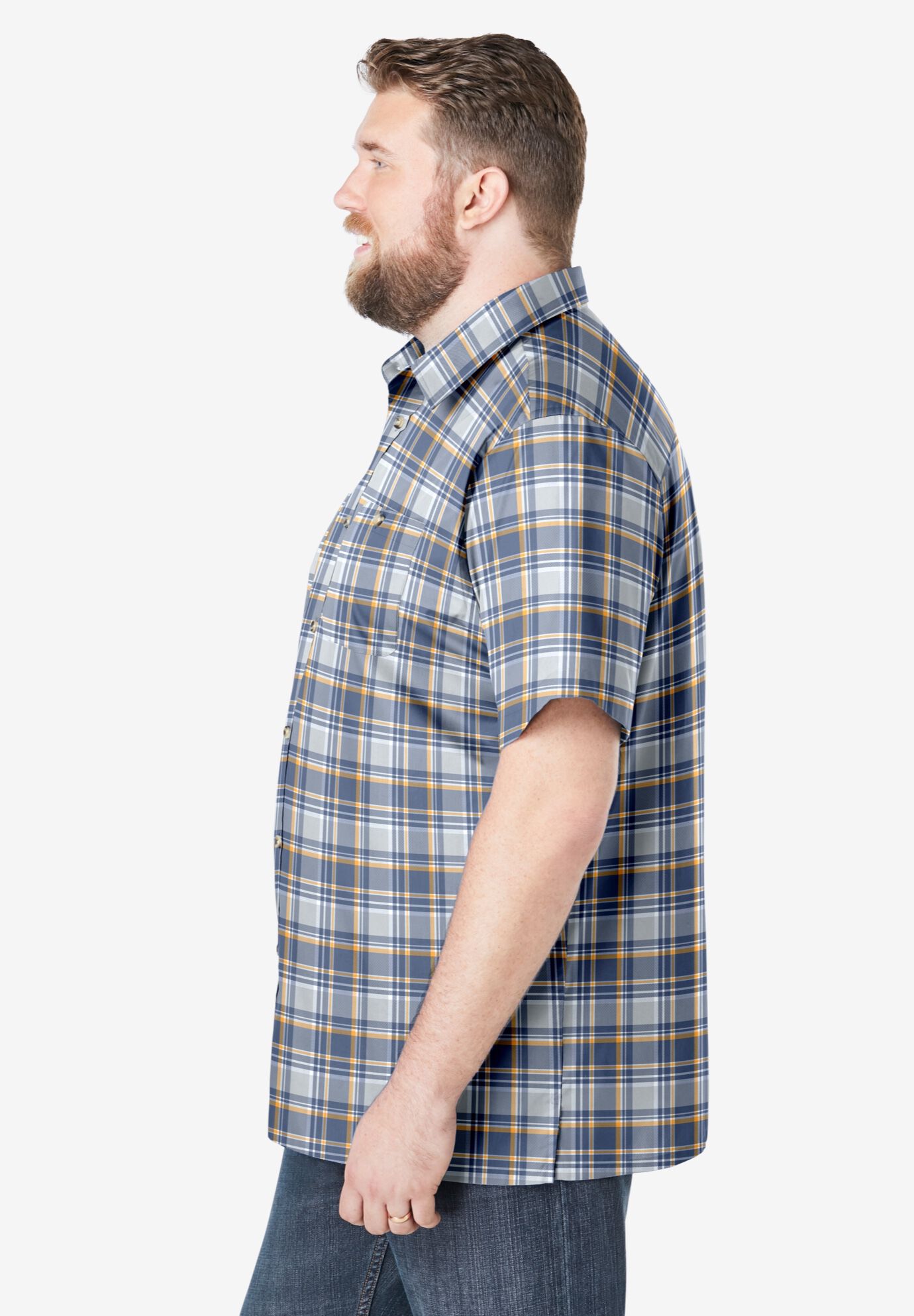 Plaid Wrinkle-Resistant Short Sleeve Button Down, GREY PLAID, alternate image number 3