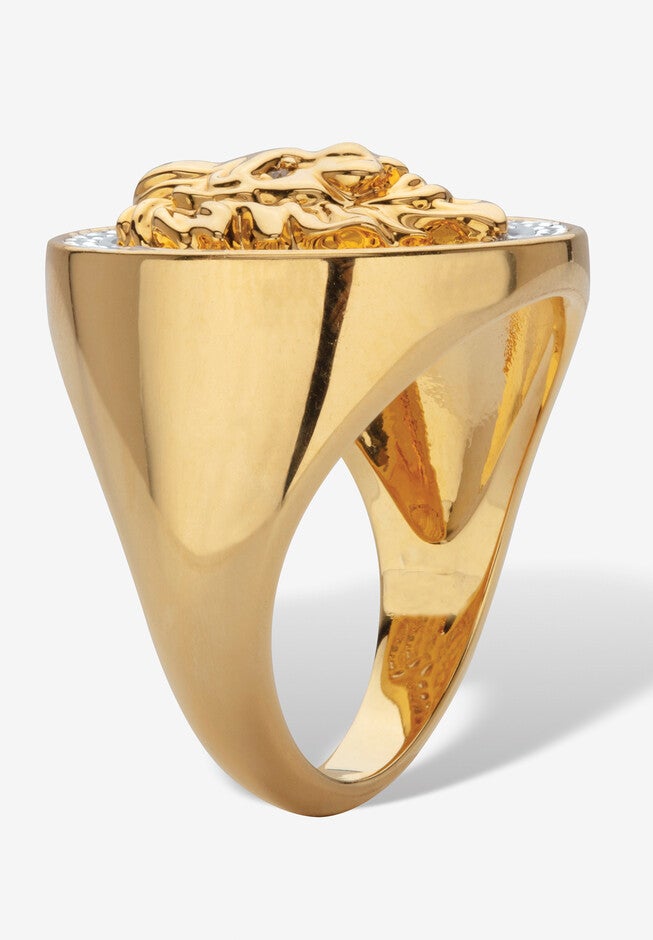 Unisex Yellow Gold-Plated Round Cubic Zirconia Lion Head Ring (3/8 Cttw Tdw), , on-hover image number null
