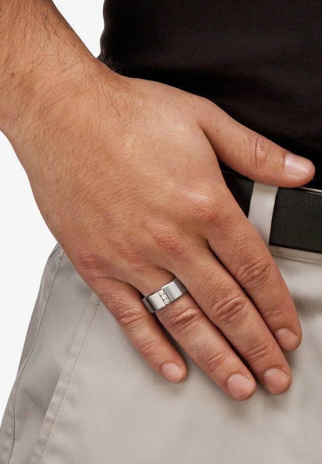 Stainless Steel Cubic Zirconia Brushed Wedding Band Ring, , alternate image number null
