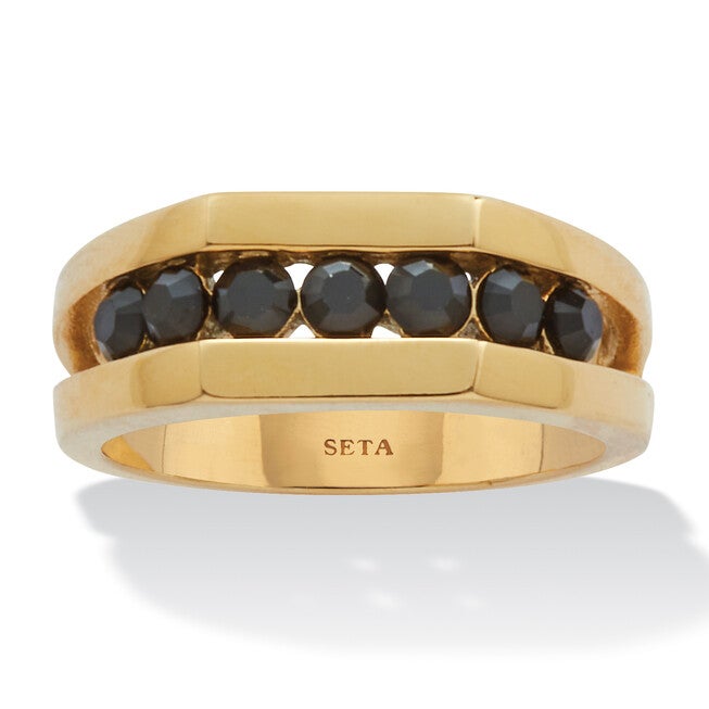 Men's Round Black Crystal Yellow Gold Ion-Plated Stainless Steel Ring, BLACK, hi-res image number null