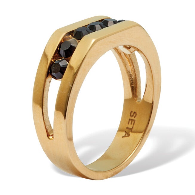 Men's Round Black Crystal Yellow Gold Ion-Plated Stainless Steel Ring, BLACK, on-hover image number null