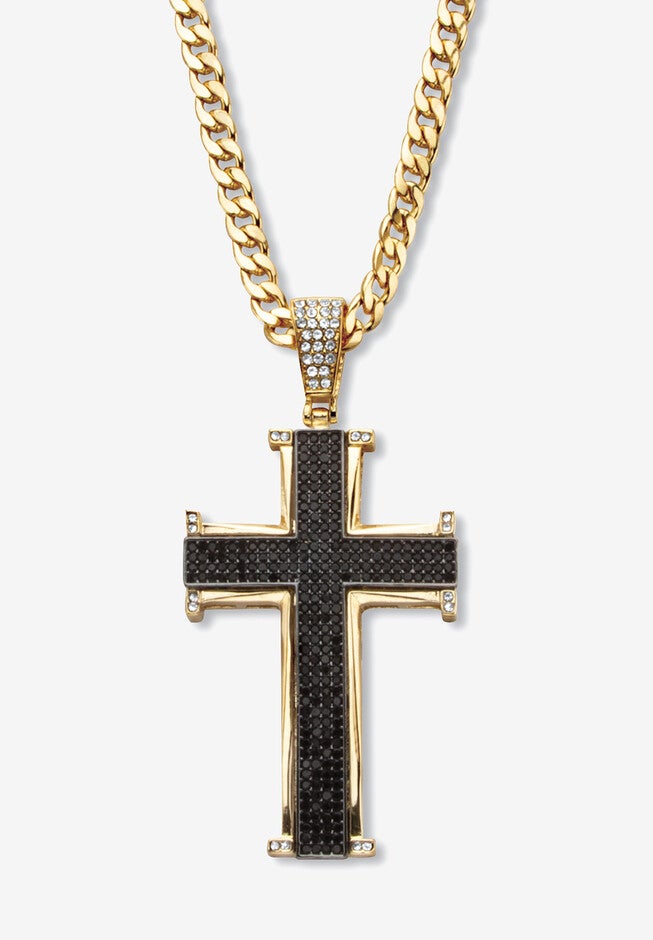 Men'S Yellow Gold Ion Plated Stainless Black Crystal Cross Pendant 24 inches Chain, GOLD, hi-res image number null
