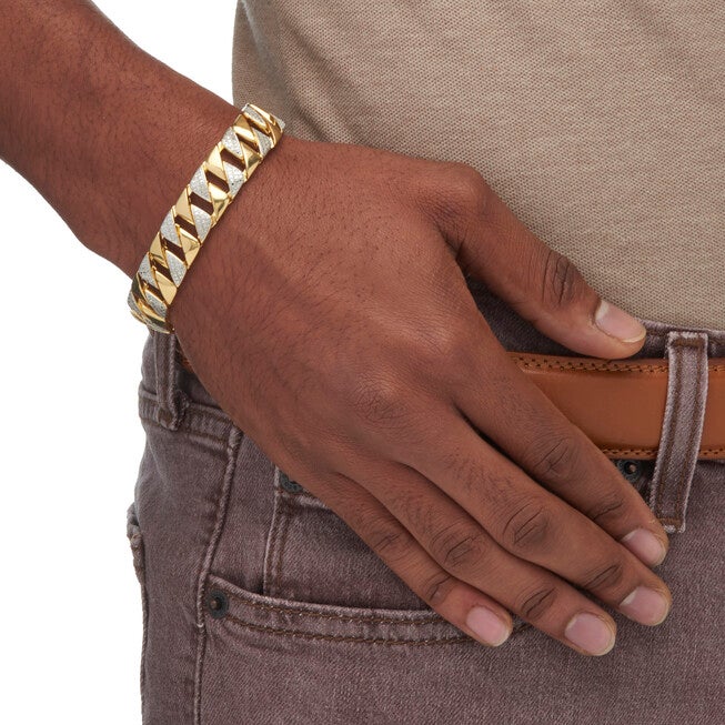 Men's Diamond Accent 18k Gold-Plated Two-Tone Interlocking-Link Bracelet 8.5 inches, WHITE, alternate image number null