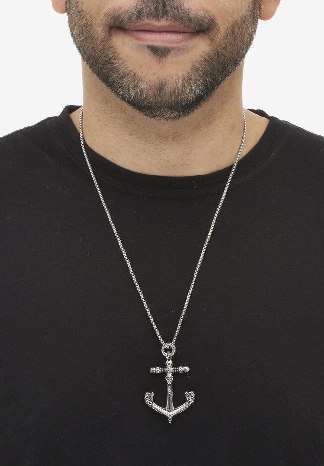Round Black Crystal Sterling Silver Skull Anchor Pendant Necklace 24-Inch, , alternate image number 3